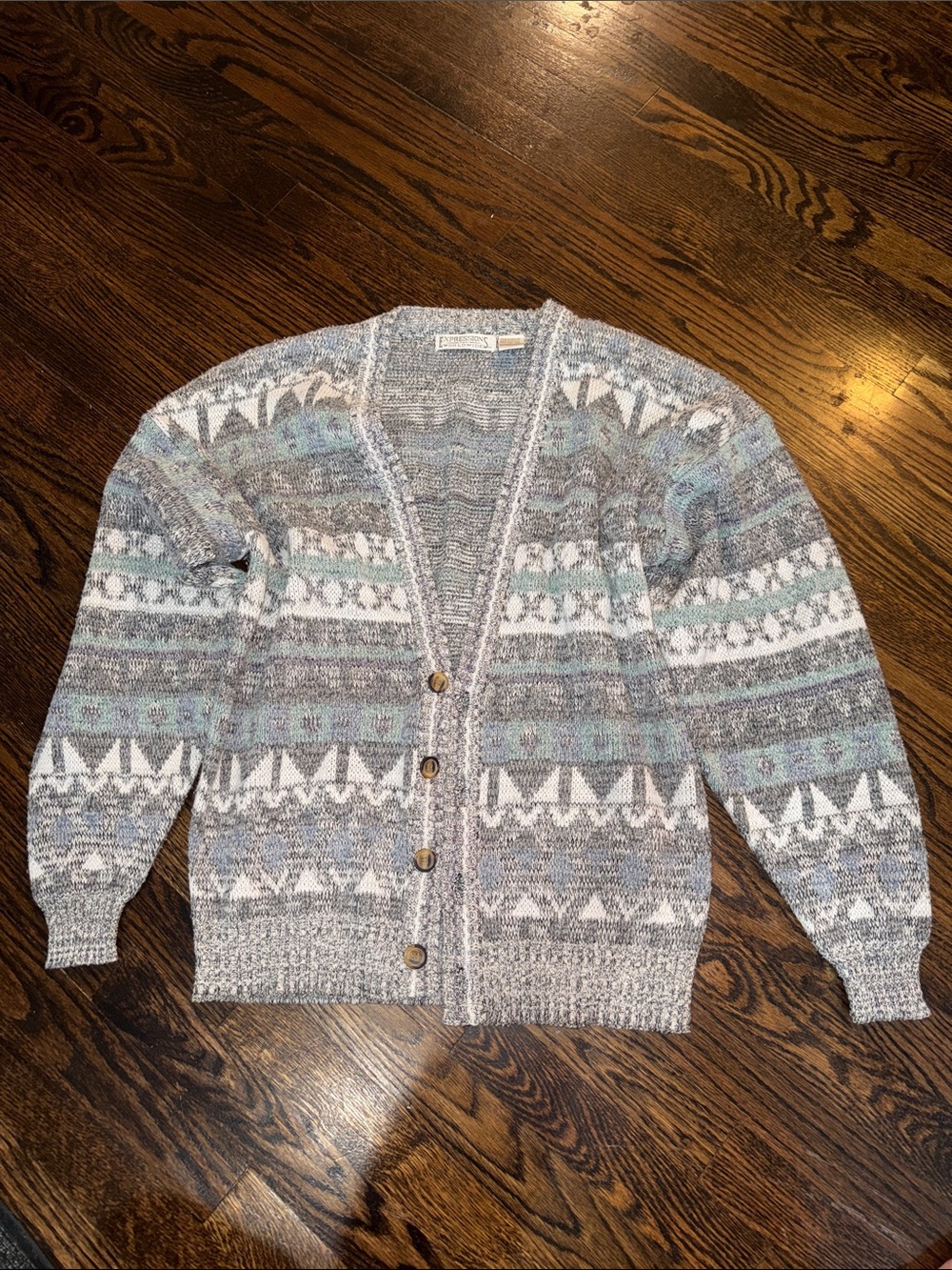 Vintage Expressions Worldwide Geometric Knit Cardigan Sweater Blue Gray L